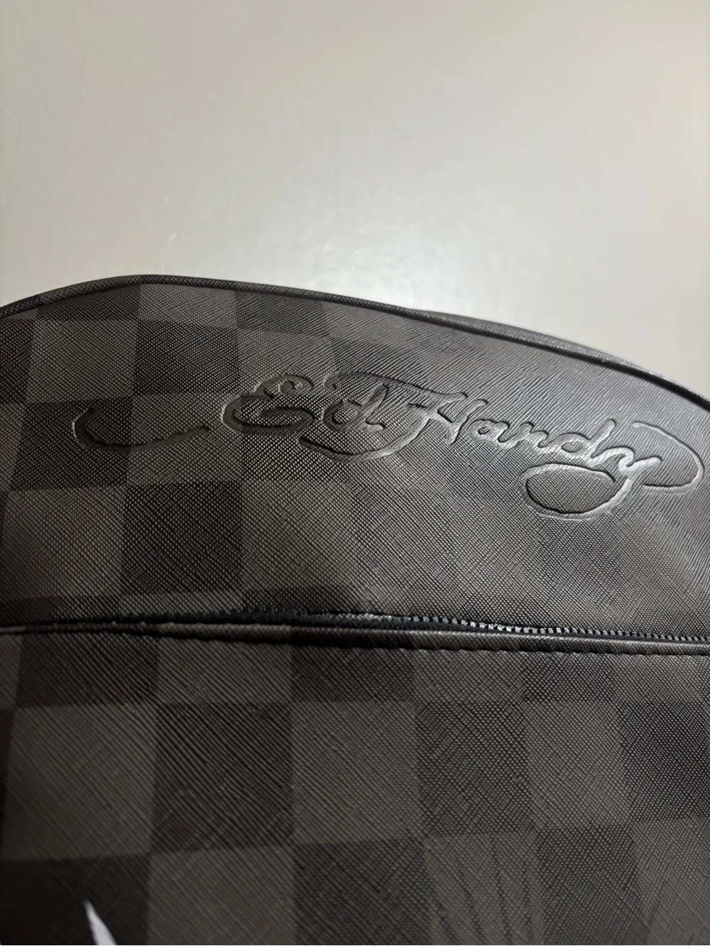 Ed Hardy Brave Hearts Stay True Backpack Skull Charm Brown Checkered NWT